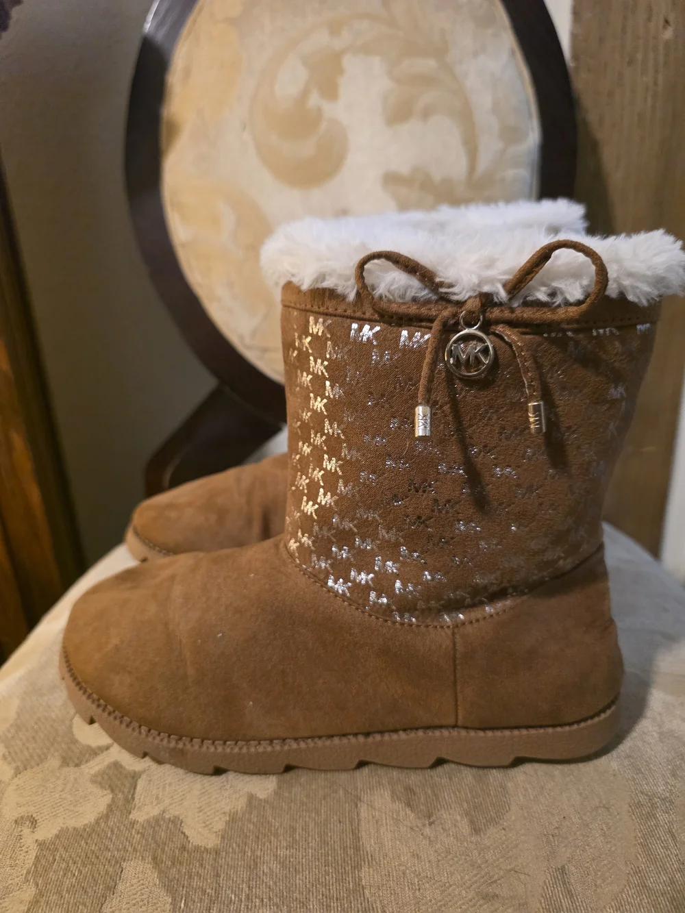 MICHAEL KORS Brown MK Logo Faux Fur Lined Suede Boots